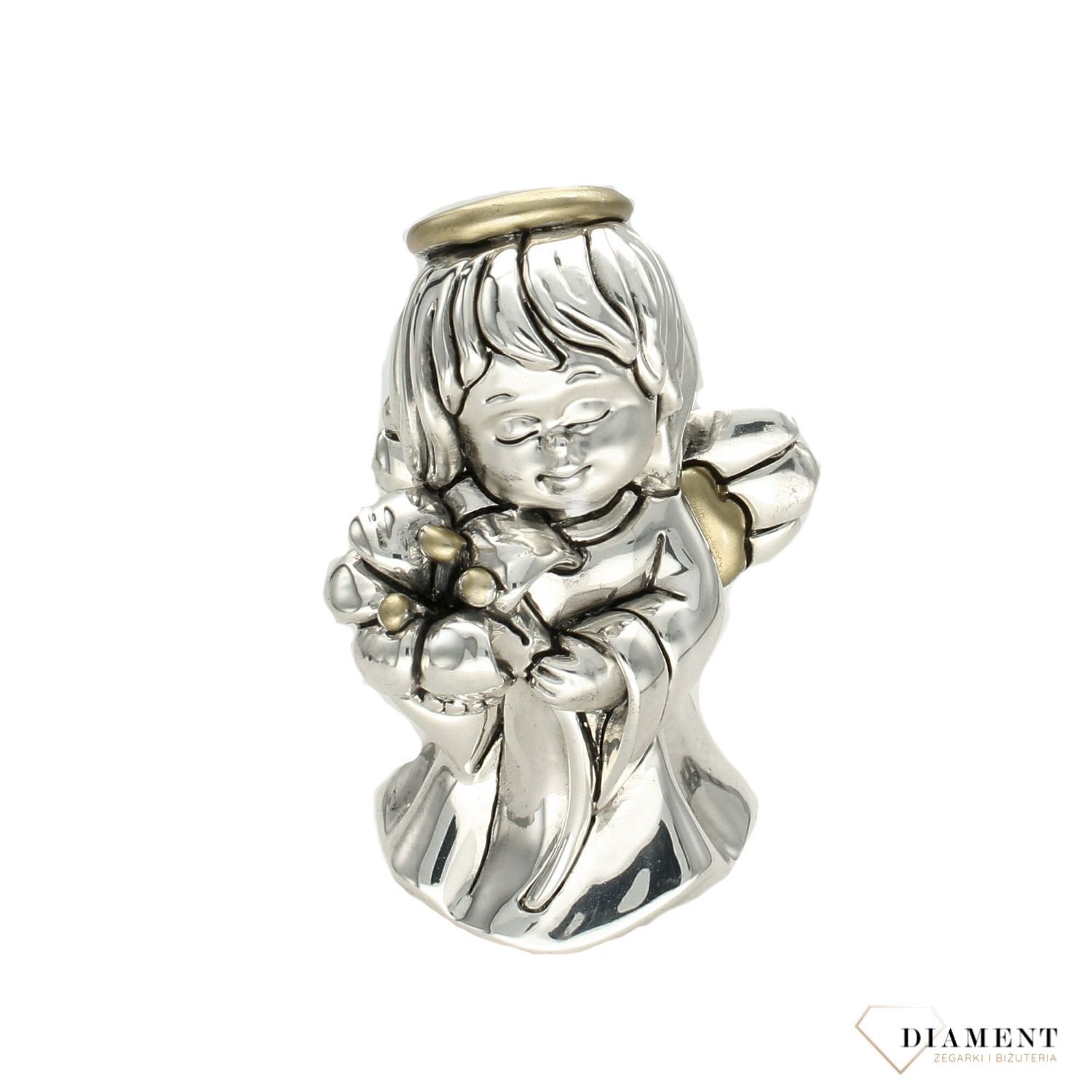 Figurka Aniołek srebrny trzymający kwiat lilii- chrzest.jpg